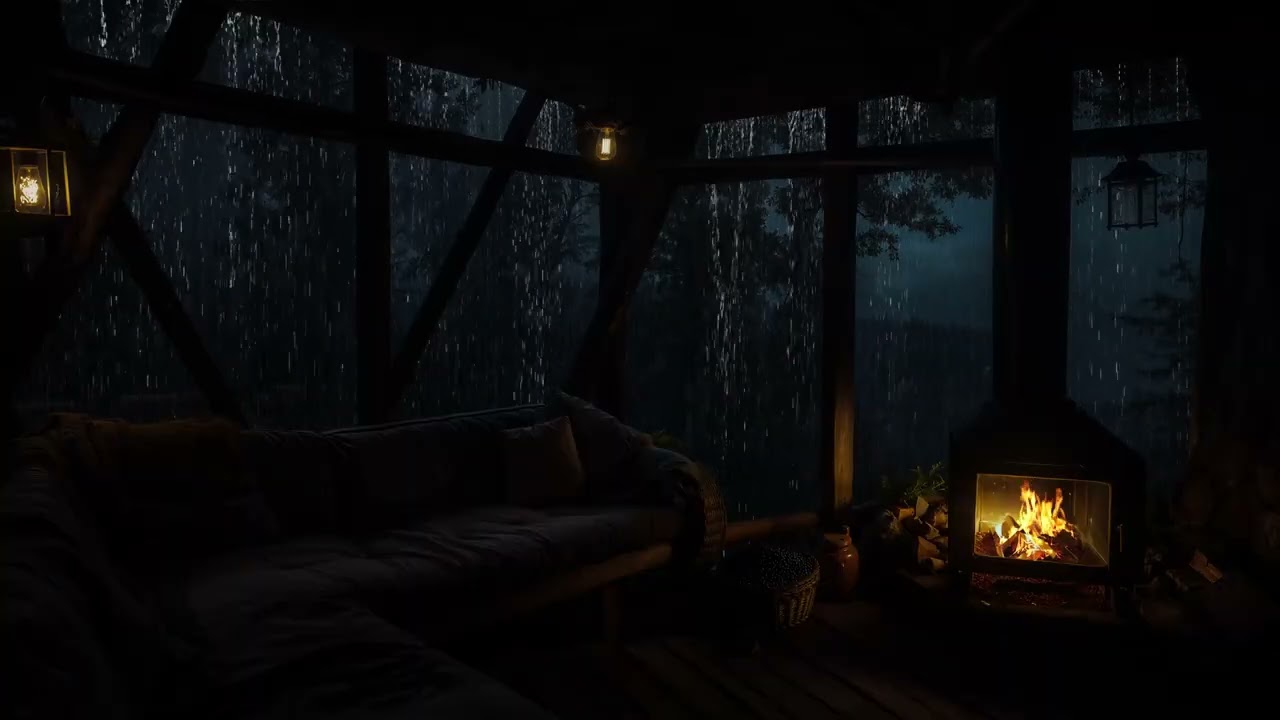 Calm Ambience with Soothing Rainfall | Cozy Fireplace Crackles in Cozy Cabin Night