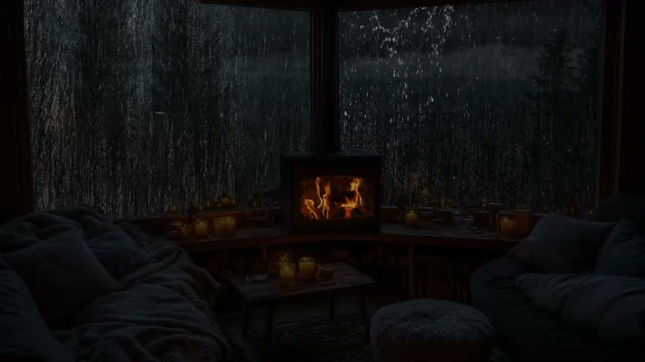 Peaceful Autumn Cabin Night 🏡🍂 – Rain on Leaves, Crackling Fire & Nature Ambience for Calm