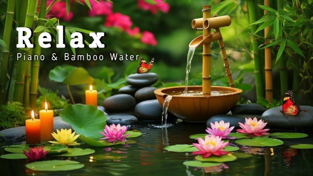 Gentle Piano and Bamboo Water Fountain | Stress Relief Music 