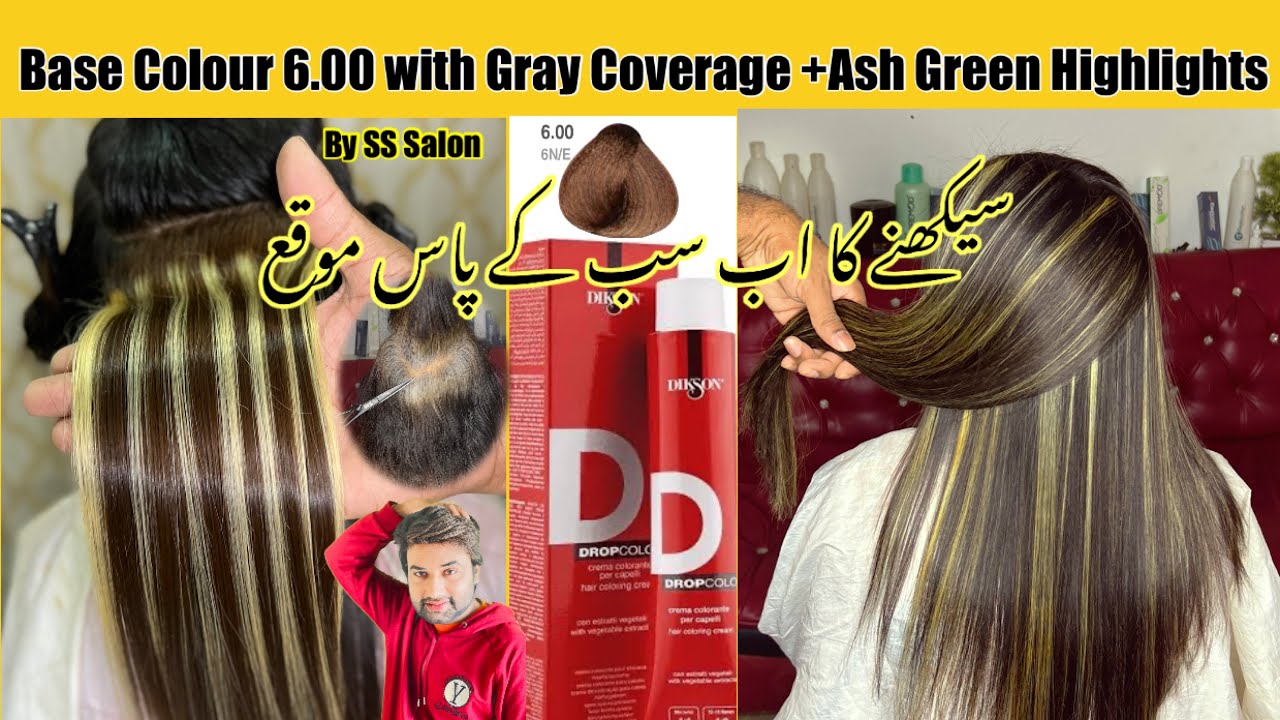 Ash Green Highlights On Treated hair with Base Colour// How To Blonde Highlights with Grey coverage