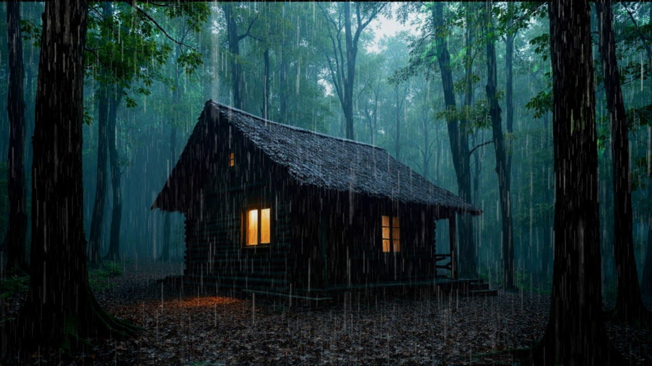 Relax and Sleep with Rain Sounds – Rain Falling on Forest Cabin Roof at Night