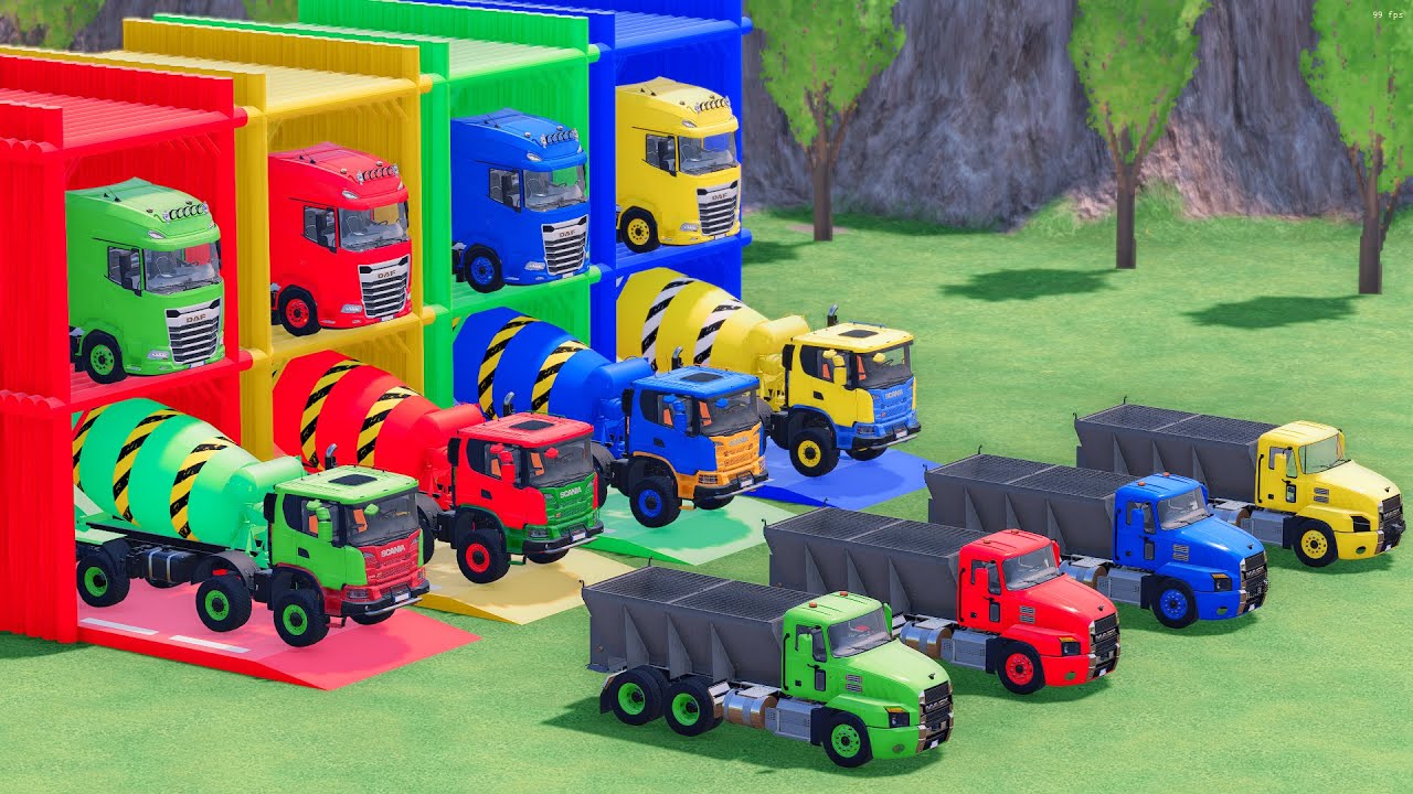 Trucks With COLORS - SCANIA MIXER TRUCK and MACK SNOW FIGHTER with DAF FLATBED TRAILER TRUCK - FS22