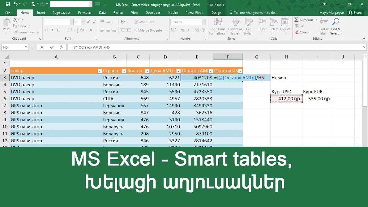 MS Excel - Դաս 6 / Smart tables, Խելացի աղյուսակներ