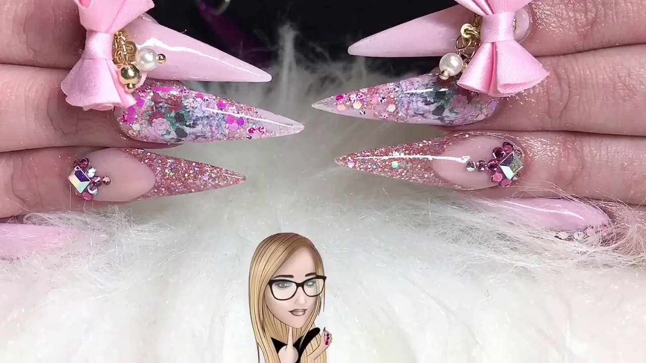 Pink skull ~ encapsulated ~ stiletto nails ~ glam and glits ~ bow