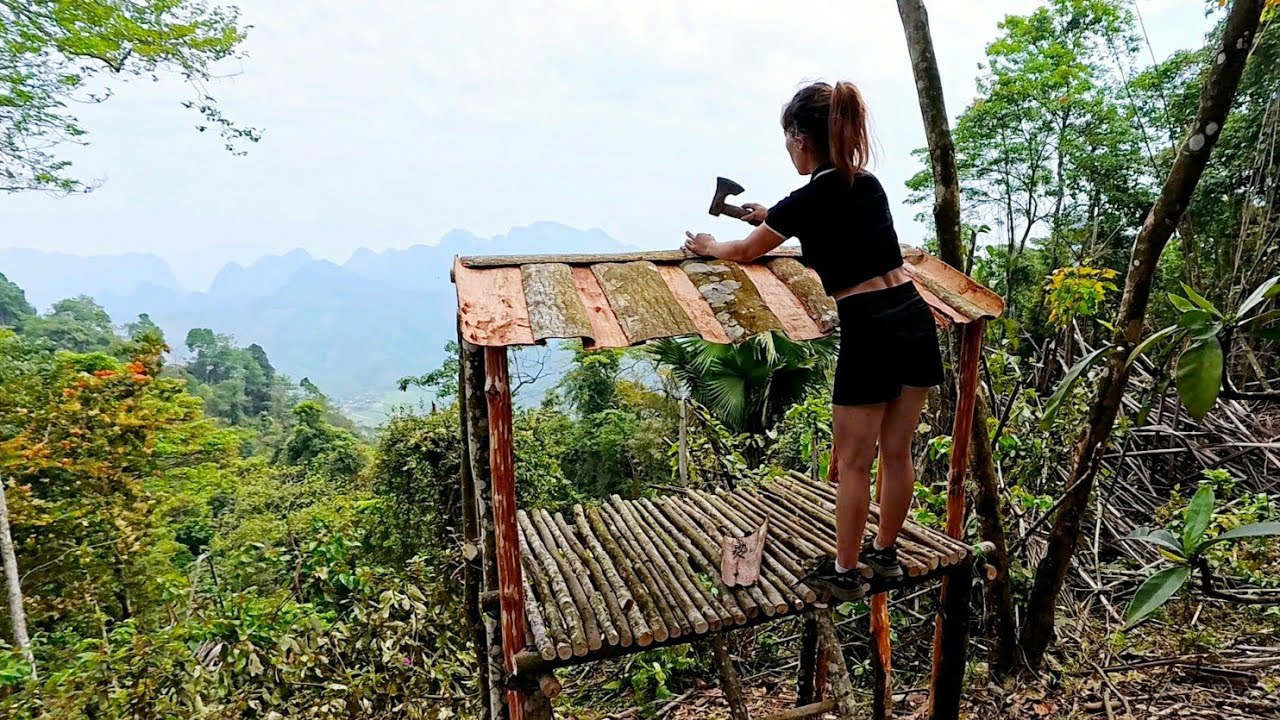 Building a Tiny Hut on a Mountain with Wood and Tree Bark – Epic Jungle View