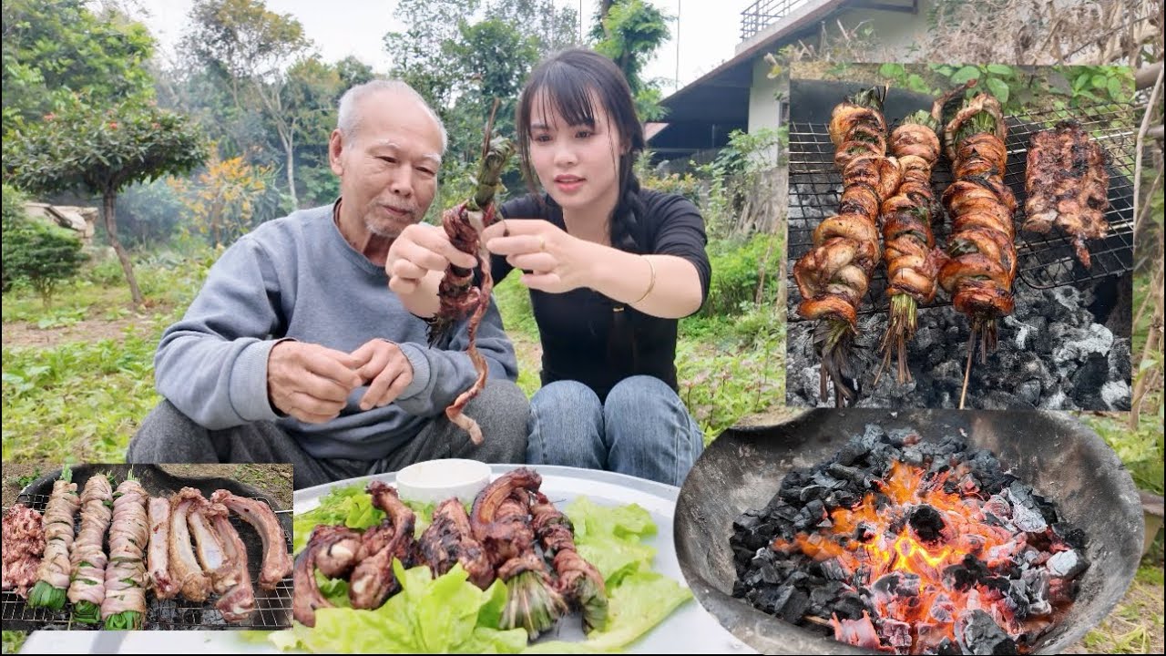 Sườn nướng , Lòng quấn lá sả nướng thơm ngon . Mời ông ngoại .Hiền Vlogs