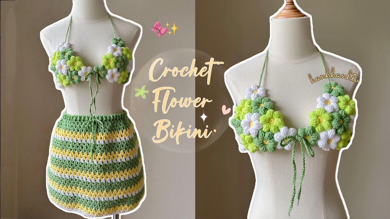 🌸Easy Crochet Floral Bikini Top| ⭐️💚Crochet Puff Flower| Móc áo bikini ghép hoa siêu đơn giản