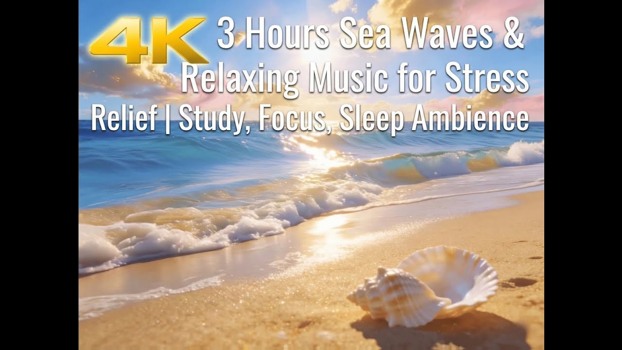 4k 3 Hours Sea Waves & Relaxing Music for Stress Relief | Study, Focus, Sleep Ambience