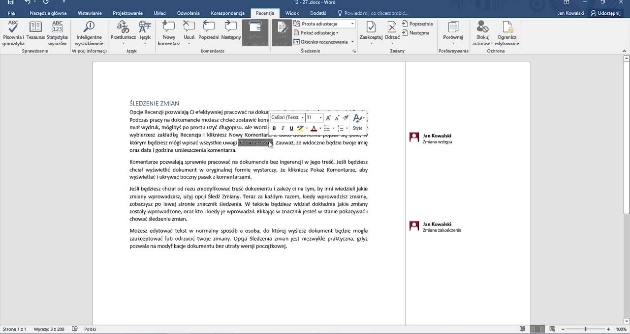 Office 365 dla Firm - śledzenie zmian podczas edytowania tekstu w programie Word