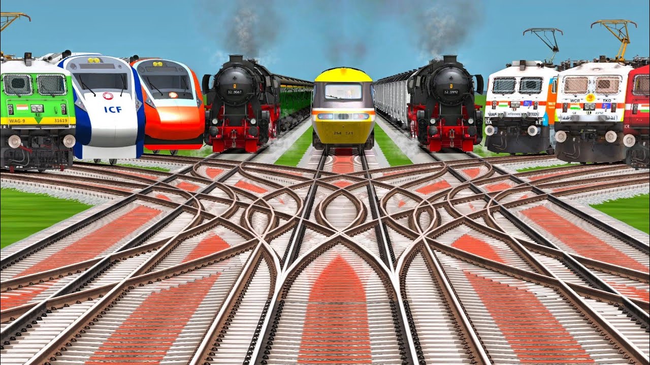  🚂 Nine Trains on Curved Railroad | Busy Train Yard Junction Scene