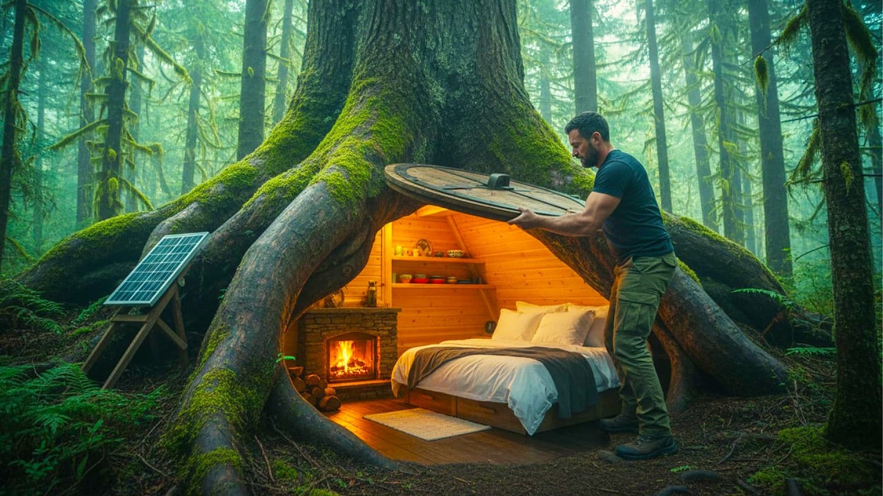 I Turned an Abandoned Giant Tree into a Secret Survival Bedroom (ASMR)