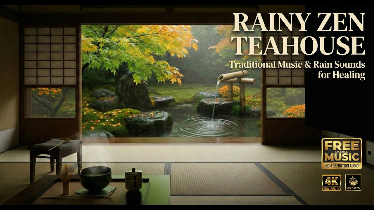 Rainy Japanese Zen Teahouse 🍵 Traditional Music & Rain Sounds for Healing