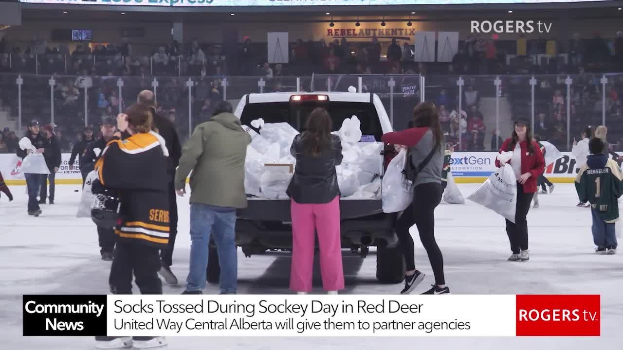 Socks tossed during Sockey Day in Red Deer