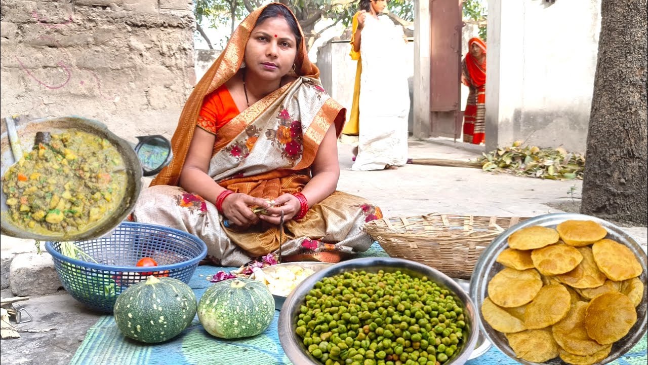 UP VILLAGE DAILY MORNING ROUTINE PURI SABJI,कोहड़ा के साथ हरे चने मिक्स सब्जी पूरी पेट भरेगा मन नहीं
