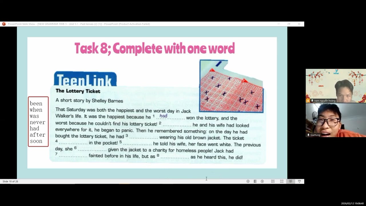 PK2601024-  12/2 - NGUYỄN GIA HƯNG - NEW GRAMMAR TIME 5 - Unit 5.1 - Past tenses