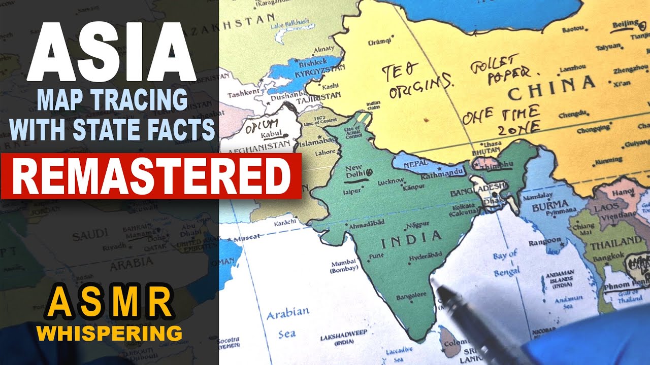 Remastered: ASMR Drawing ASIA Map Outline With Facts for Each Country ( ASMR whispered map tracing )