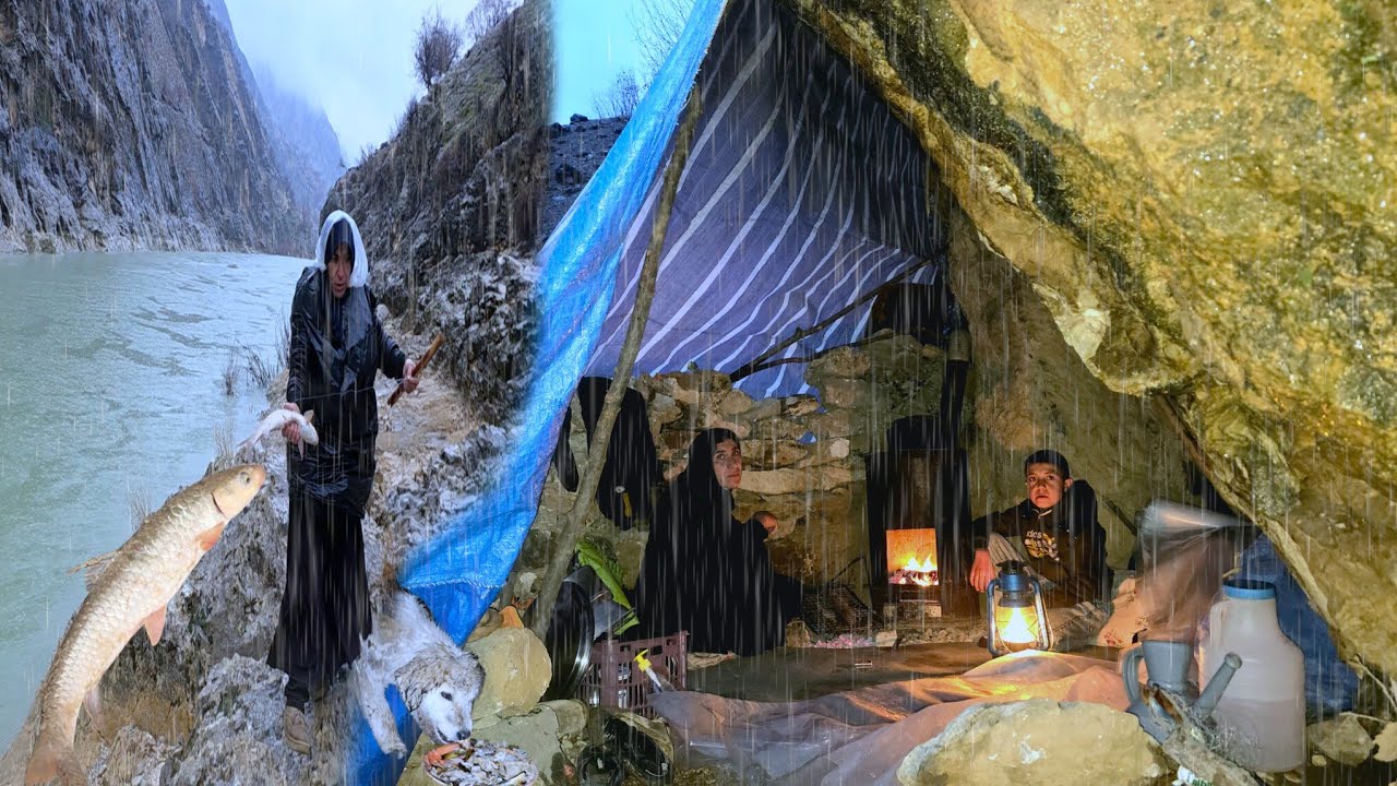 Zagros Cave Life in Torrential Rain 🌧️ | Risky Fishing in Flooded River 🌊🎣