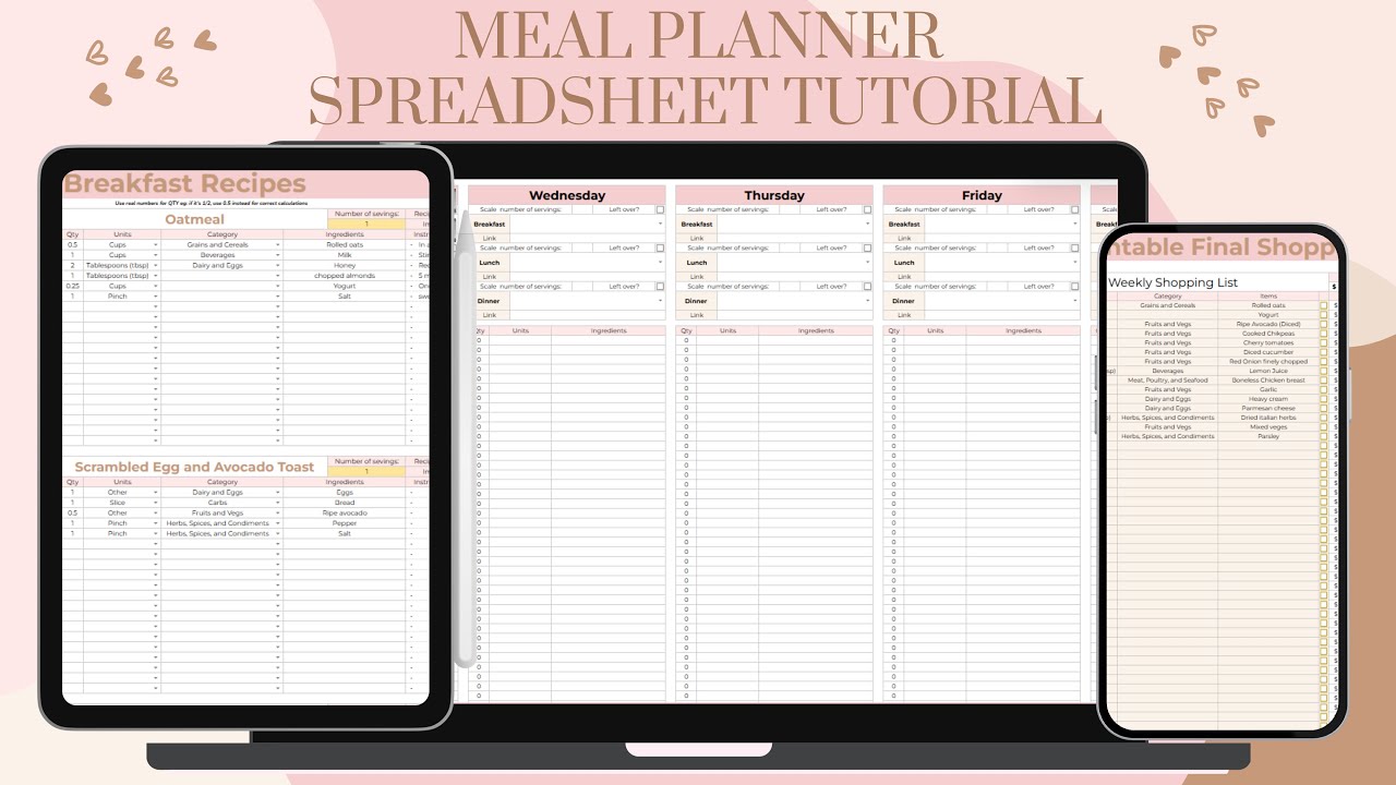 Meal Planner Spreadsheet Tutorial,Meal Prep Guide,Google Sheets Meal planner template- Sheetstyleco