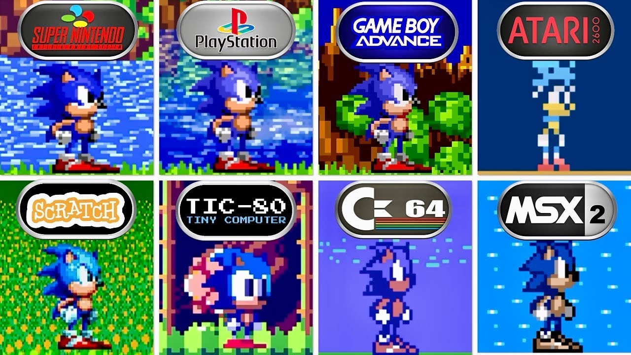 Sonic The Hedgehog - SCRATCH vs PICO-8 vs TIC-80 vs PS1 vs SNES vs MXS2 vs ATARI vs GBA vs C64 - 4K