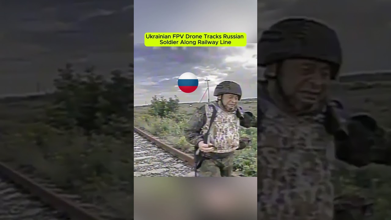 Ukrainian FPV Drone Tracks Russian Soldier Along Railway Line Combat Footage