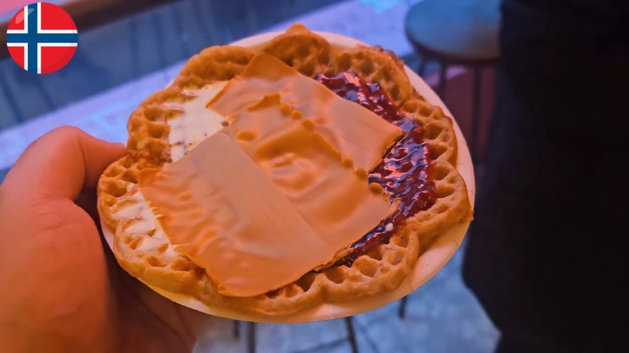 FIRST TIME EATING NORWEGIAN WAFFLE WITH BROWN CHEESE (Vaffel med Brunost) Haralds Vaffel Norway