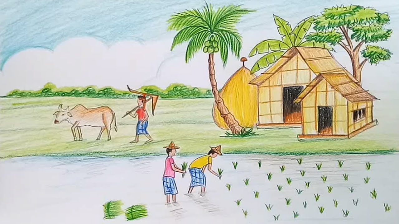 How to draw scenery of working people / cultivation step by step