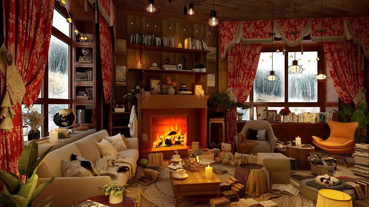 Winter Atmosphere In The Warm Living Room - The Sound Of Wind And Fireplace Brings Relaxation