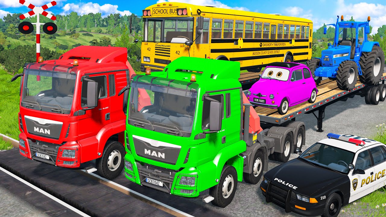 Flatbed Trailer Truck vs Speedbumps & Train Crashes - Cars vs Massive Water Pit | BeamNG.drive