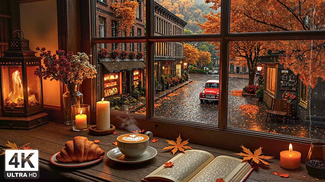 Autumn Caf&eacute; by the Window & Vintage Jazz Piano 🍂 Candlelight Ambience for Work, Study & Rain Sound