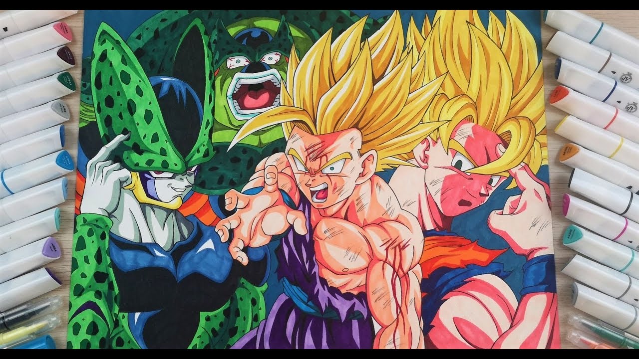 Drawing Gohan VS Perfect Cell! Coloring with Watercolors!