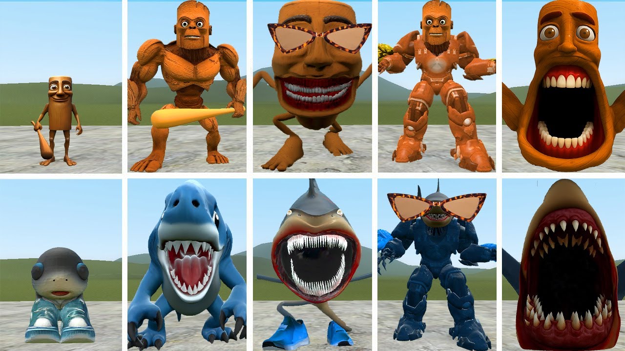 ??? : ALL EVOLUTIONARY FORMS OF THE TUNGTUNG SAHUR FAMILY VS THE TRALALERO TRALALA FAMILY IN GMOD!