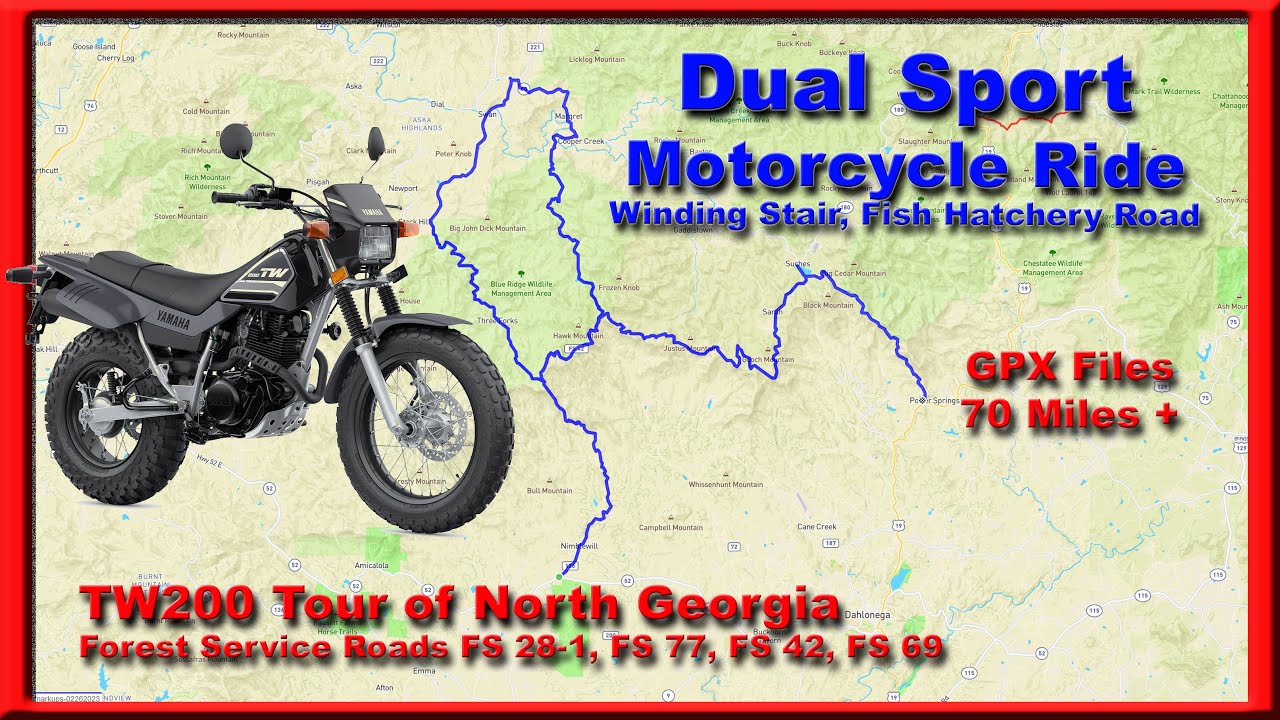 TW200 Winding Stair Forest Service Road, Fish Hatchery Road with may others in this video.  GPX File