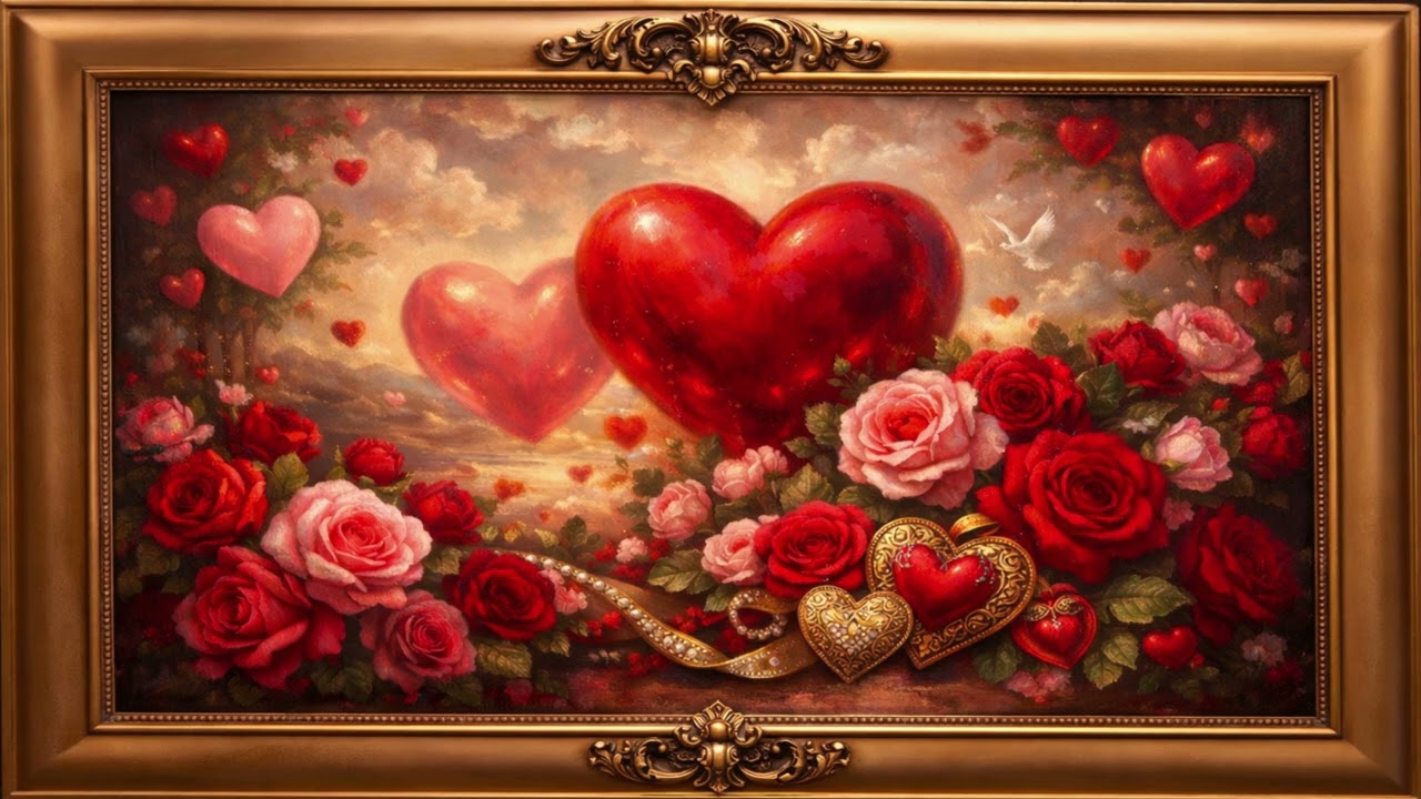 Romantic Valentine Roses Hearts Art Vintage Floral Wall Art in a Gold Frame Decor