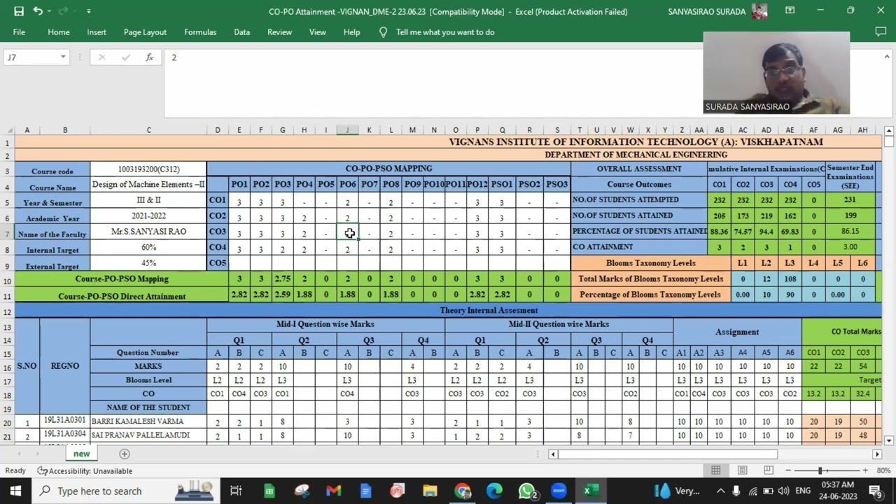 CO-PO ATTAINMENT  CALCULATIONS