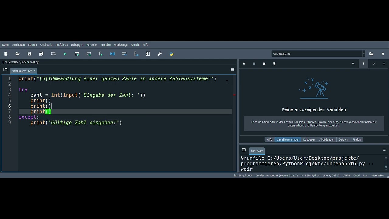 Python Programmieren| Zahlensystemumwandlung ganze Zahl in Dual Oktal Hexadezimal