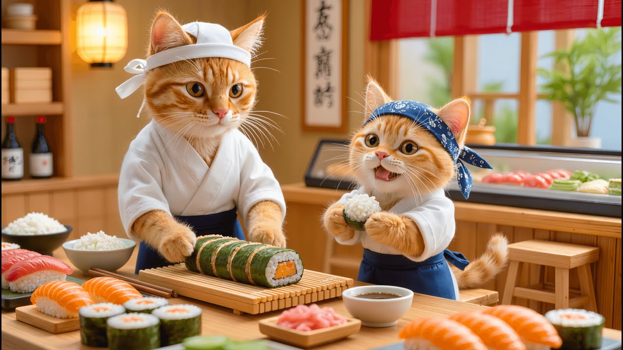 Mama Cat Prepares Fresh Salmon Sushi for Her Kitten at Home in a Calm, Heartwarming Story 🍣🐱💕
