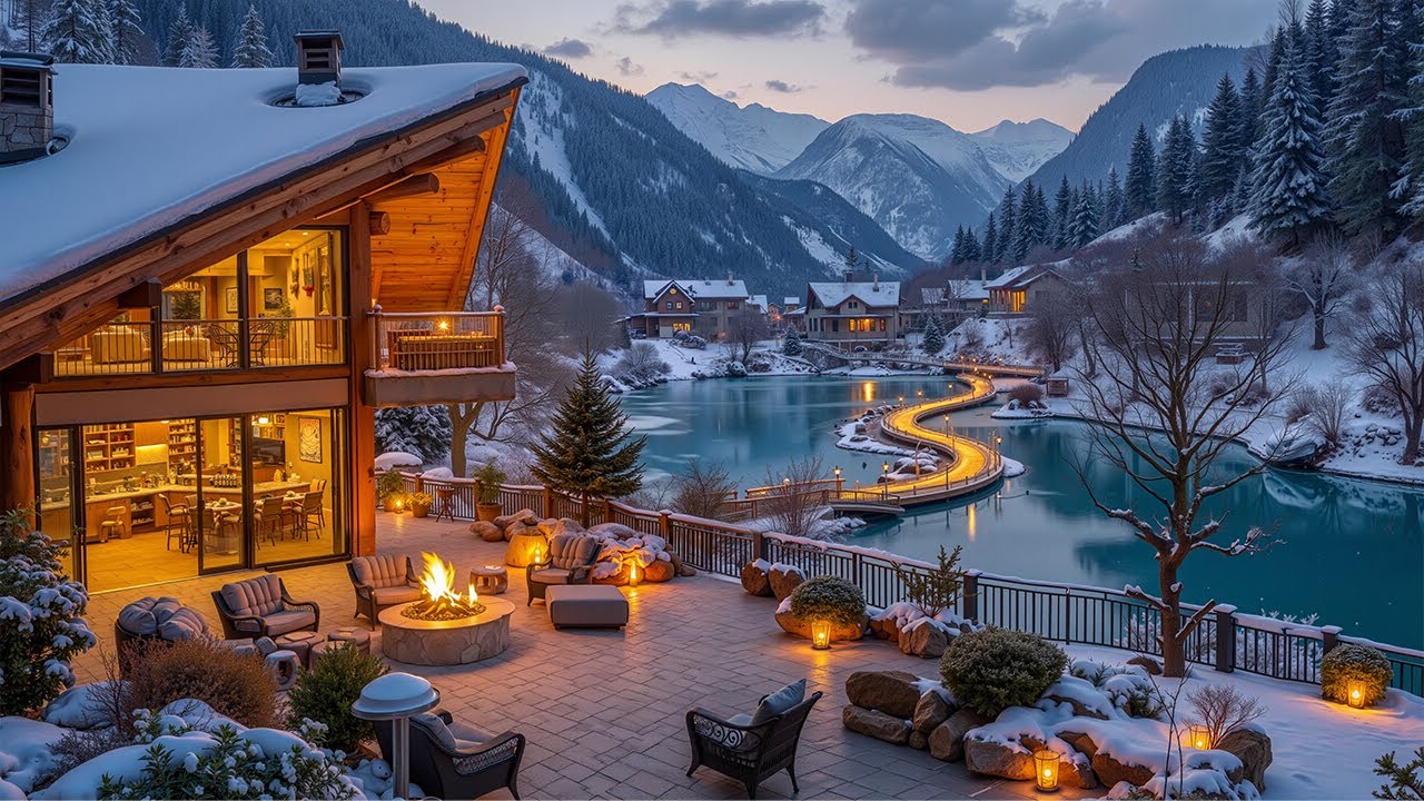 Winter Jazz Café Vibes ☕❄️ Cozy Fireplace on a Snowy Terrace | Relaxing Holiday Mood