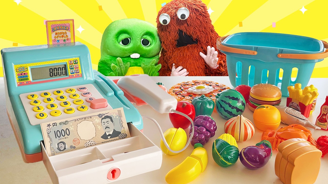 【お店屋さんごっこ】ガチャピンとムックがスーパーでお買い物！ 上手に店員さんになれるかな？ | レジスターでお買い物ごっこ | おみせやさんごっこ | ごっこ遊び | おもちゃ