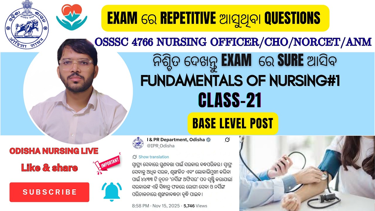 OSSSC UPDATED 4766 NURSING OFFICERS//CHO//AIIMS-NORCET//ANM//FUNDAMENTAL OF NURSING CLASS#1
