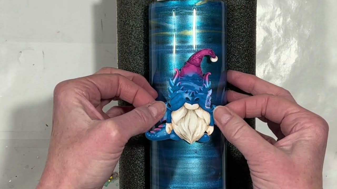 Pearlescent Blues Acrylic Inks Waterfall with Gnome Dragon