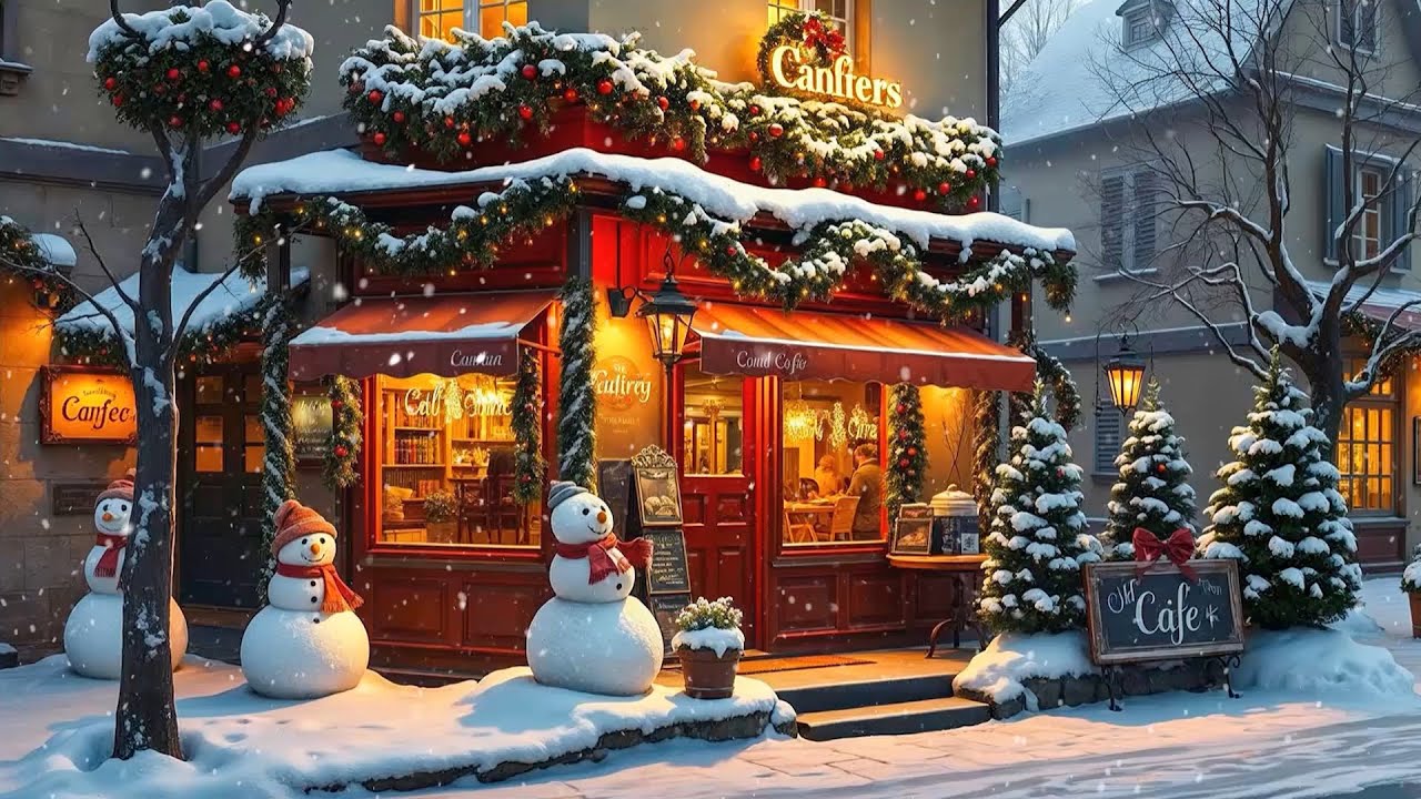 Cozy Holiday Vibes at a Winter Street Porch Caf&eacute; ❄️ Smooth Jazz Music for a Magical Snowy Atmosphere