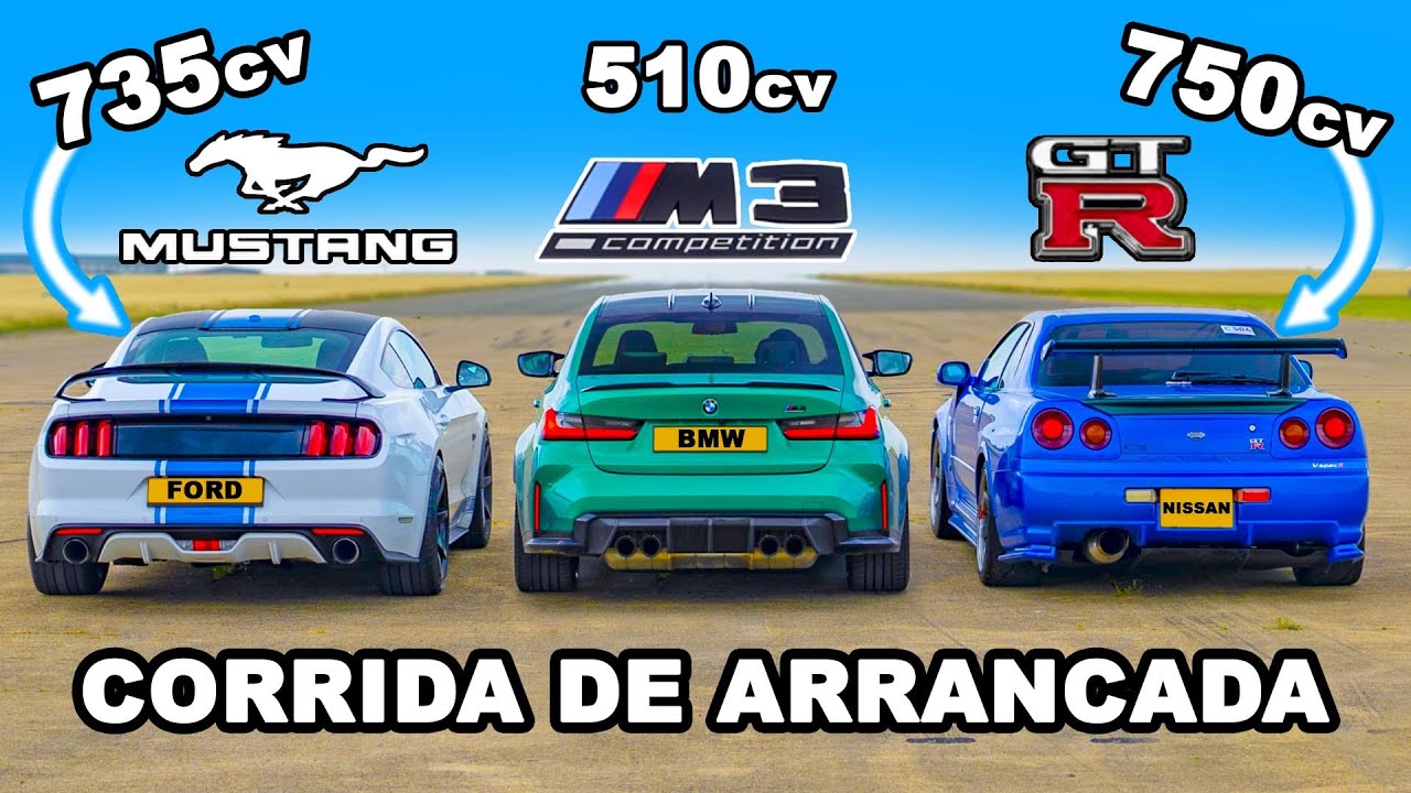 Nissan Skyline R34 GT-R de 750 cavalos vs Mustang de 735 cavalos vs BMW M3: CORRIDA DE ARRANCADA