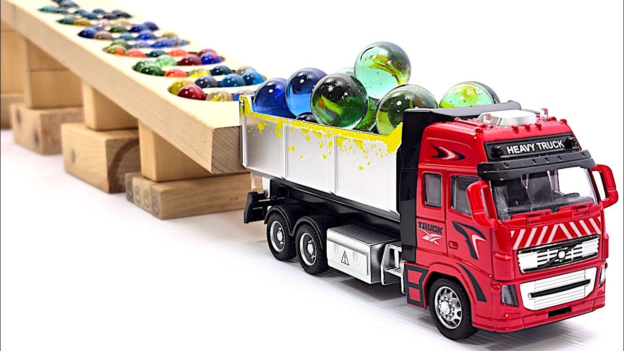 3-Axle Dump Truck vs Marbles on Wooden Track | Oddly Satisfying ASMR Natural Sounds (No Talking)
