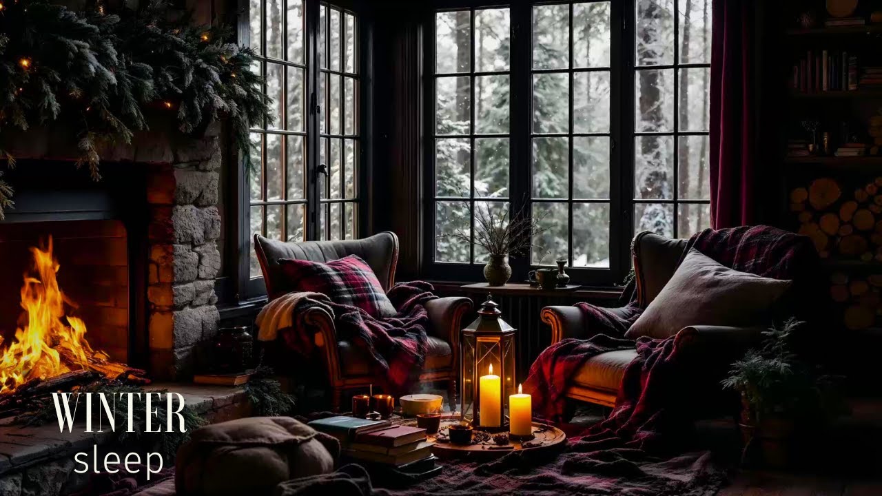 8 Hour Cozy Winter Cabin Fireplace & Silent Snowfall Sleep Ambience for Deep Relaxing Sleep