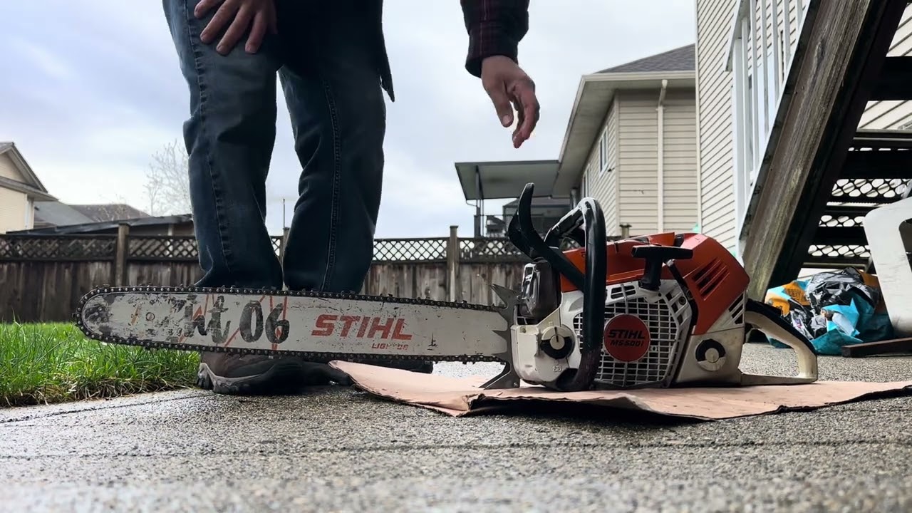 STIHL 500i CHAINSAW. COLD START AND RUN. 