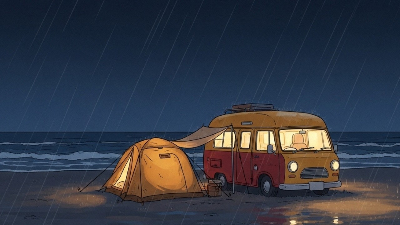 Overnight Family Picnic At The Beach in A Camper Van and Tent | Peaceful Ghibli Style ASMR