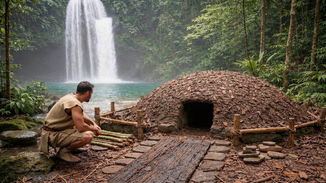 Ancient Man Builds a Hidden Pit House by a Waterfall - Hidden Fire - No Smoke | ASMR