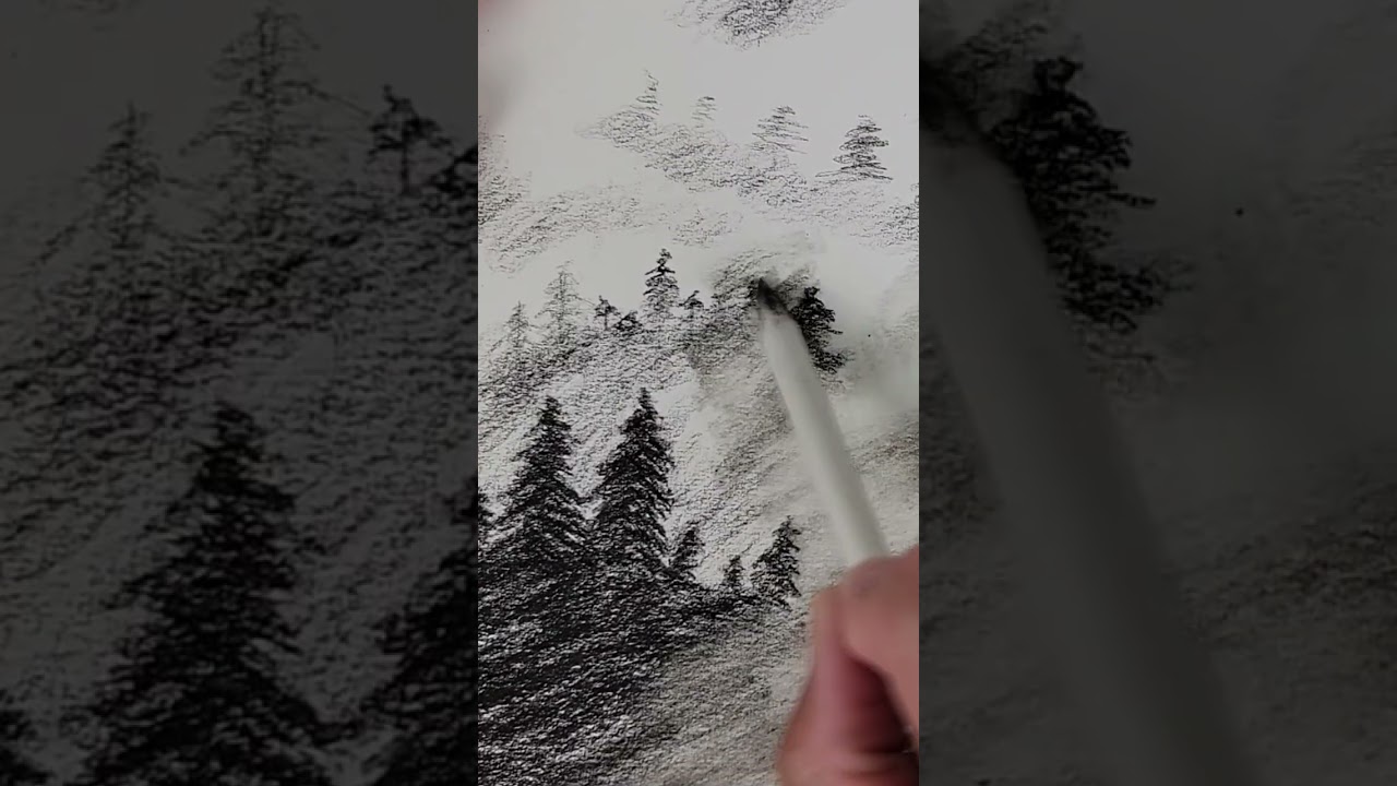 Misty Mountain Forest Drawing with Pencil
