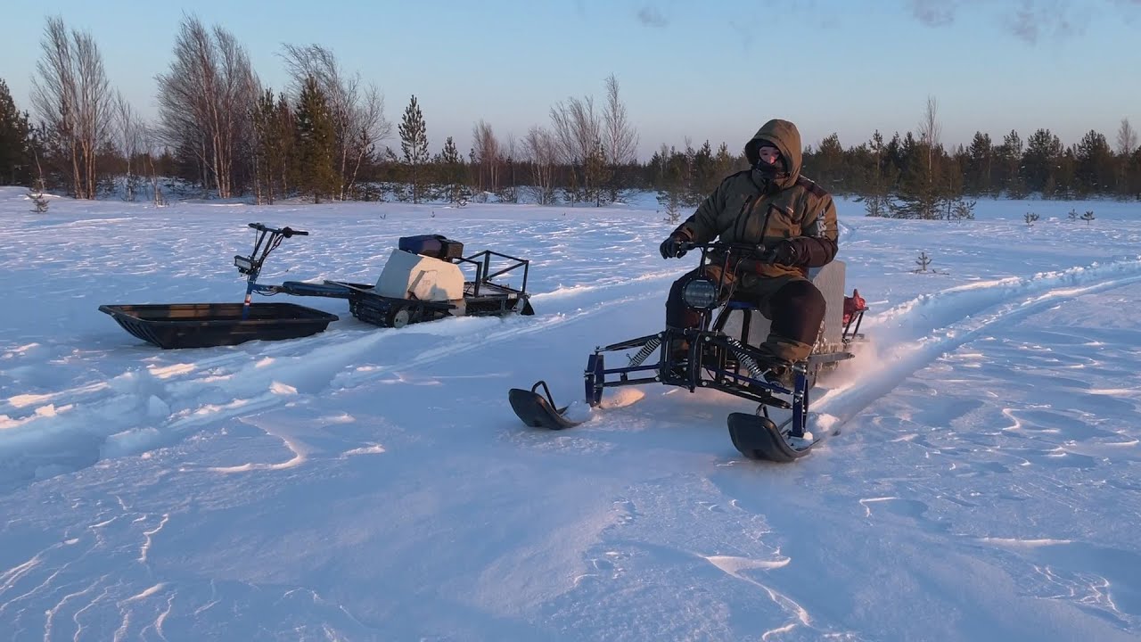 Снег 50-60 см. Тест лыжного модуля /FISHRIDE /Мотобуксировщик.