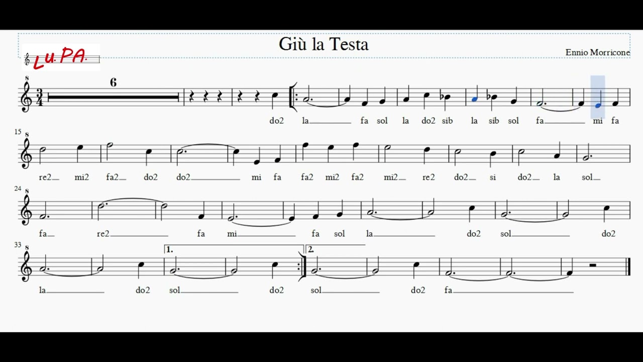 Gi&ugrave; la testa - (Ennio Morricone) - Flauto dolce - Note - Spartito - Karaoke - Instrumental